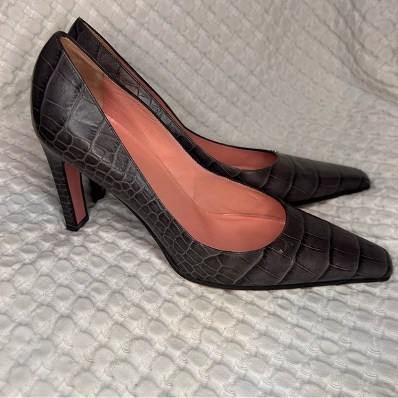 Escada Gray Croc Embossed Leather Pumps | Square Toe Italian Heels | Size 40 - Picture 3 of 11